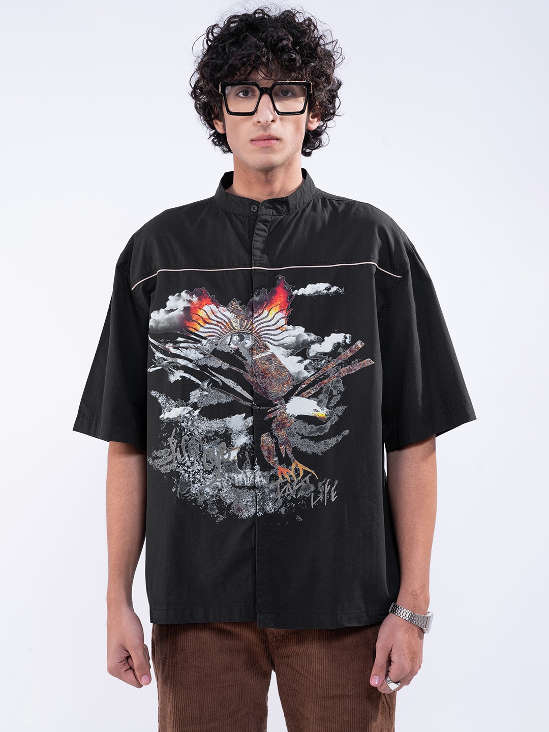 

UNRL Men Boxy Fit Band Collar Opaque Graphic Placement Printed Pure Cotton Casual Shirt, Black