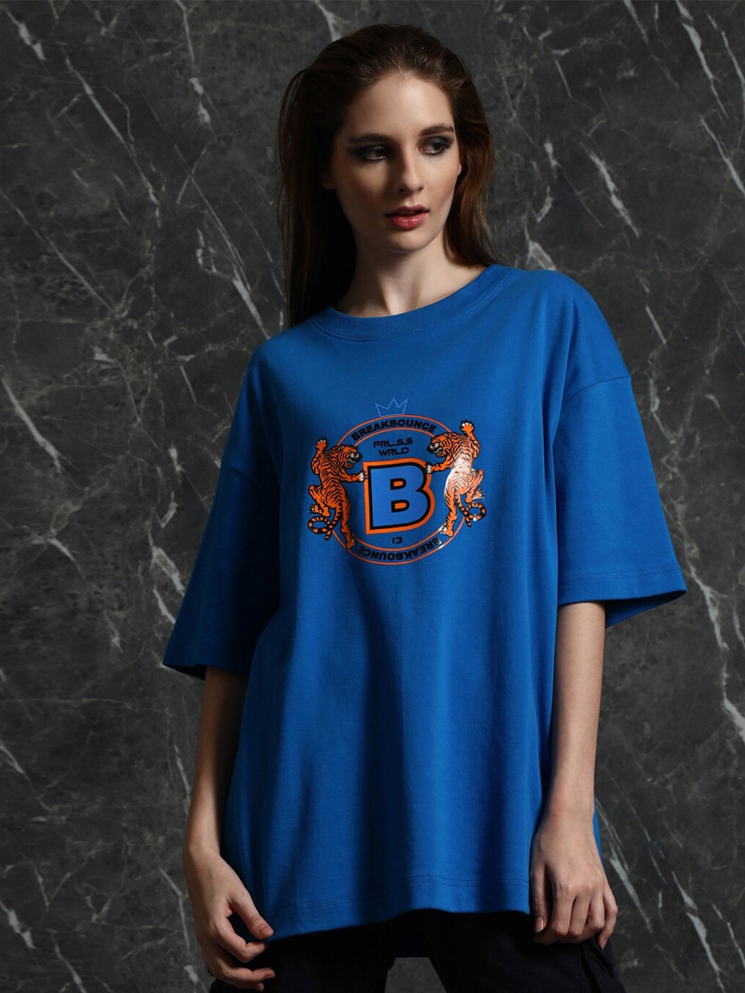 

Breakbounce Blue Tiger Graphic Printed Drop-Shoulder Sleeves Oversized Cotton T-shirt