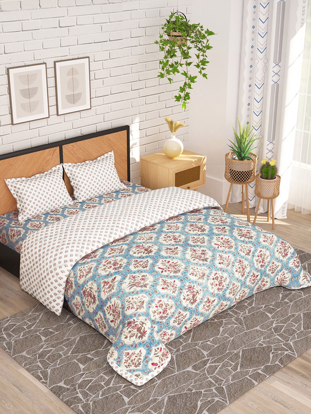 

Story@home Cream Coloured & Blue 4 Pieces Ethnic Printed Microfiber Reversible Bedding Set