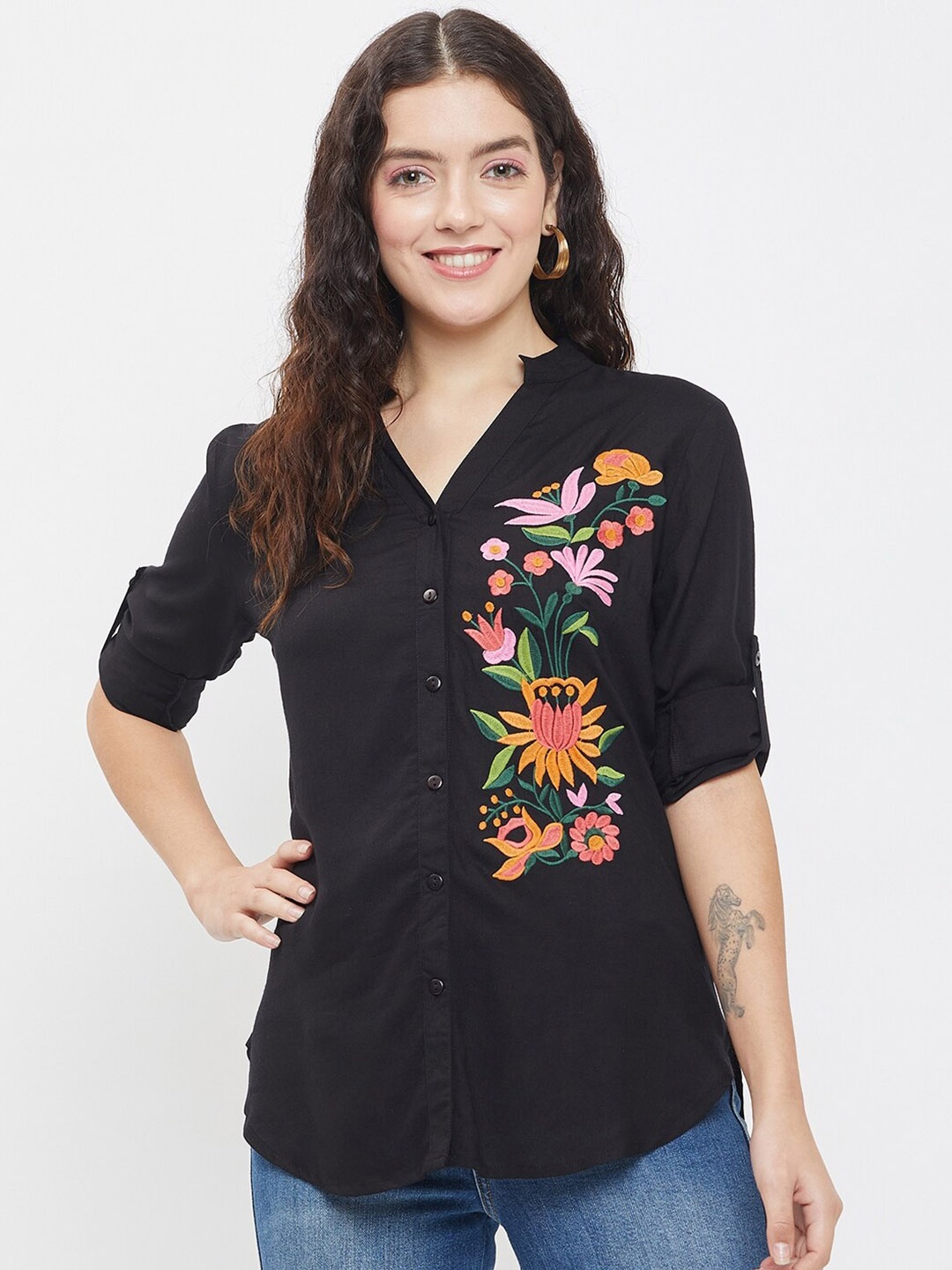 

Ruhaans Classic Floral Embroidered Casual Shirt, Black