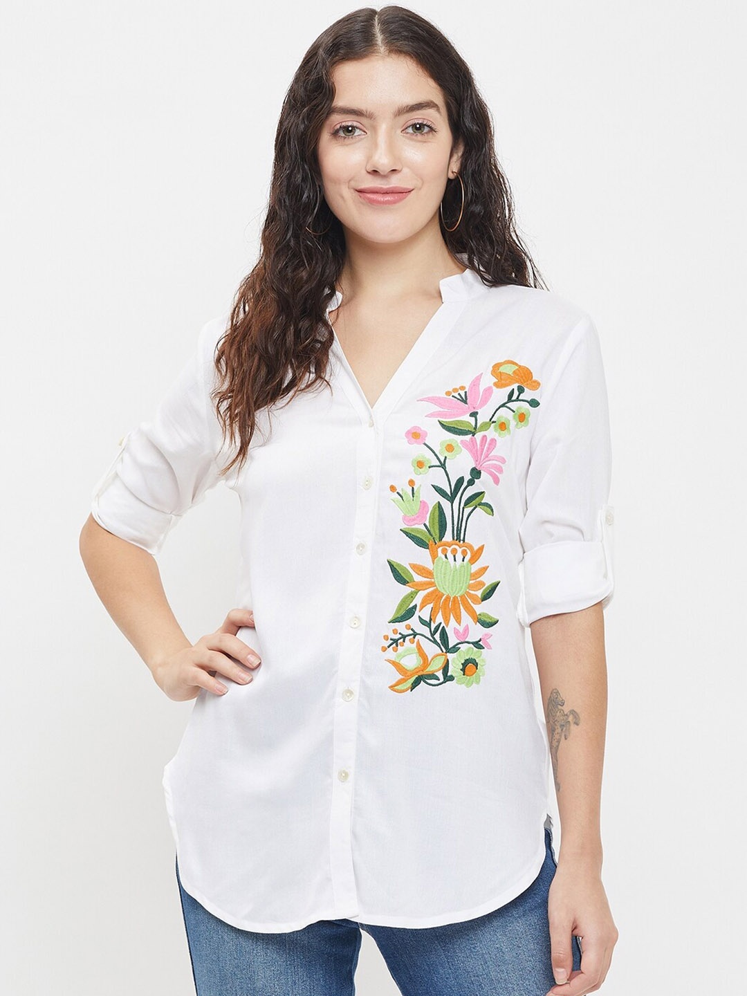 

Ruhaans Classic Floral Embroidered Casual Shirt, White