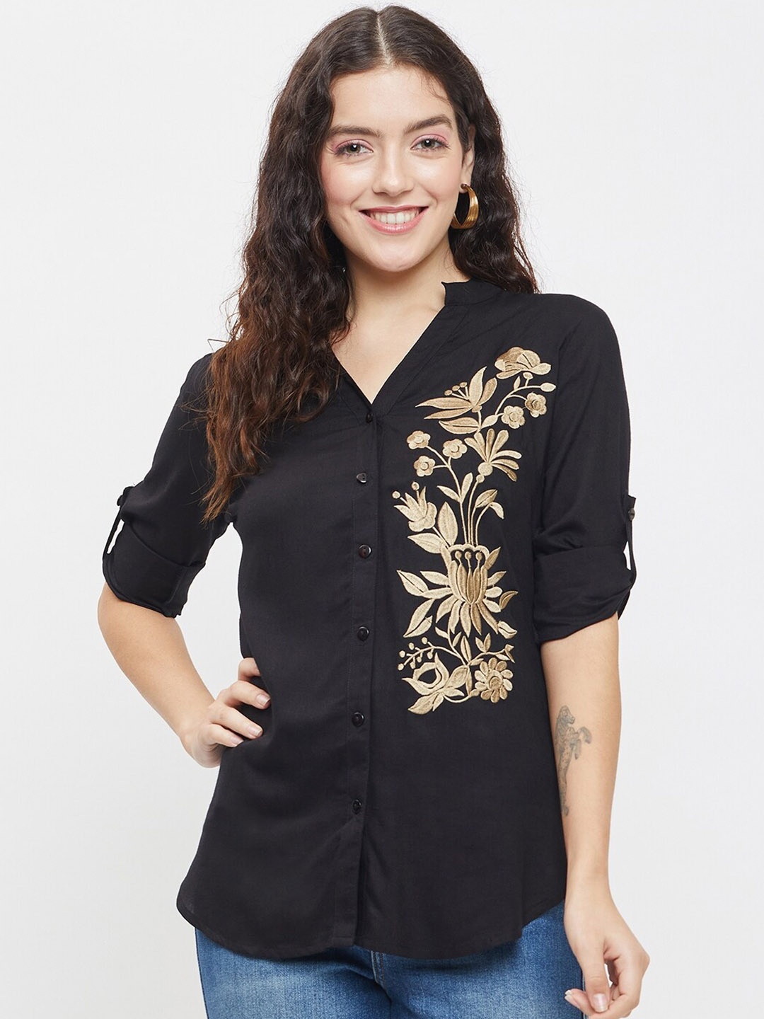 

Ruhaans Classic Floral Embroidered Casual Shirt, Black
