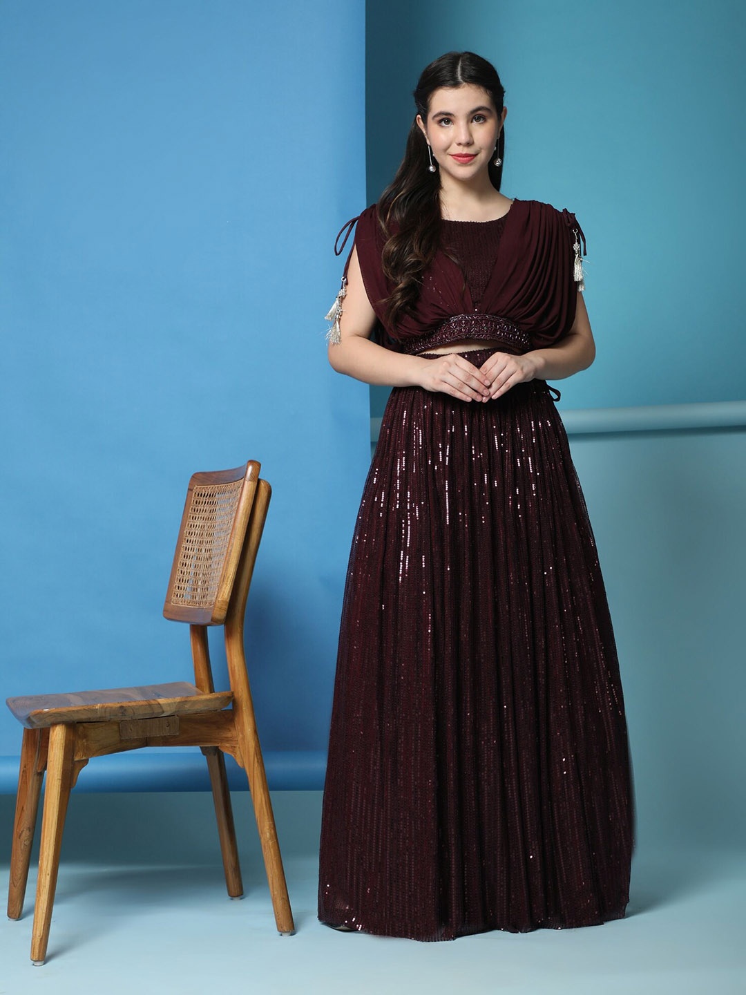 

Phenav Sequinned Ready to Wear Lehenga & Blouse, Maroon