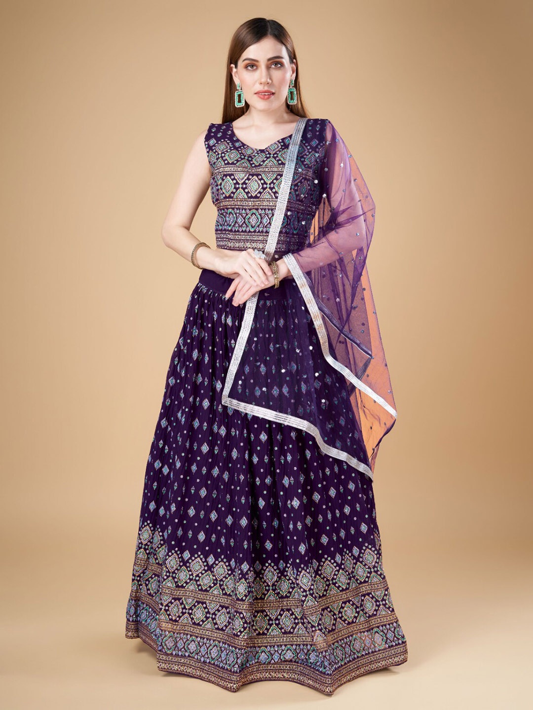 

Phenav Embroidered Ready to Wear Lehenga & Blouse, Purple