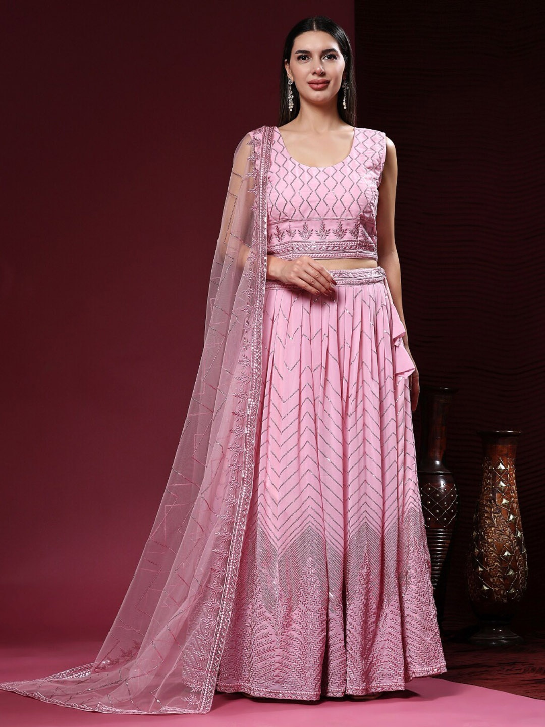 

Phenav Sequinned Ready to Wear Lehenga & Blouse, Pink