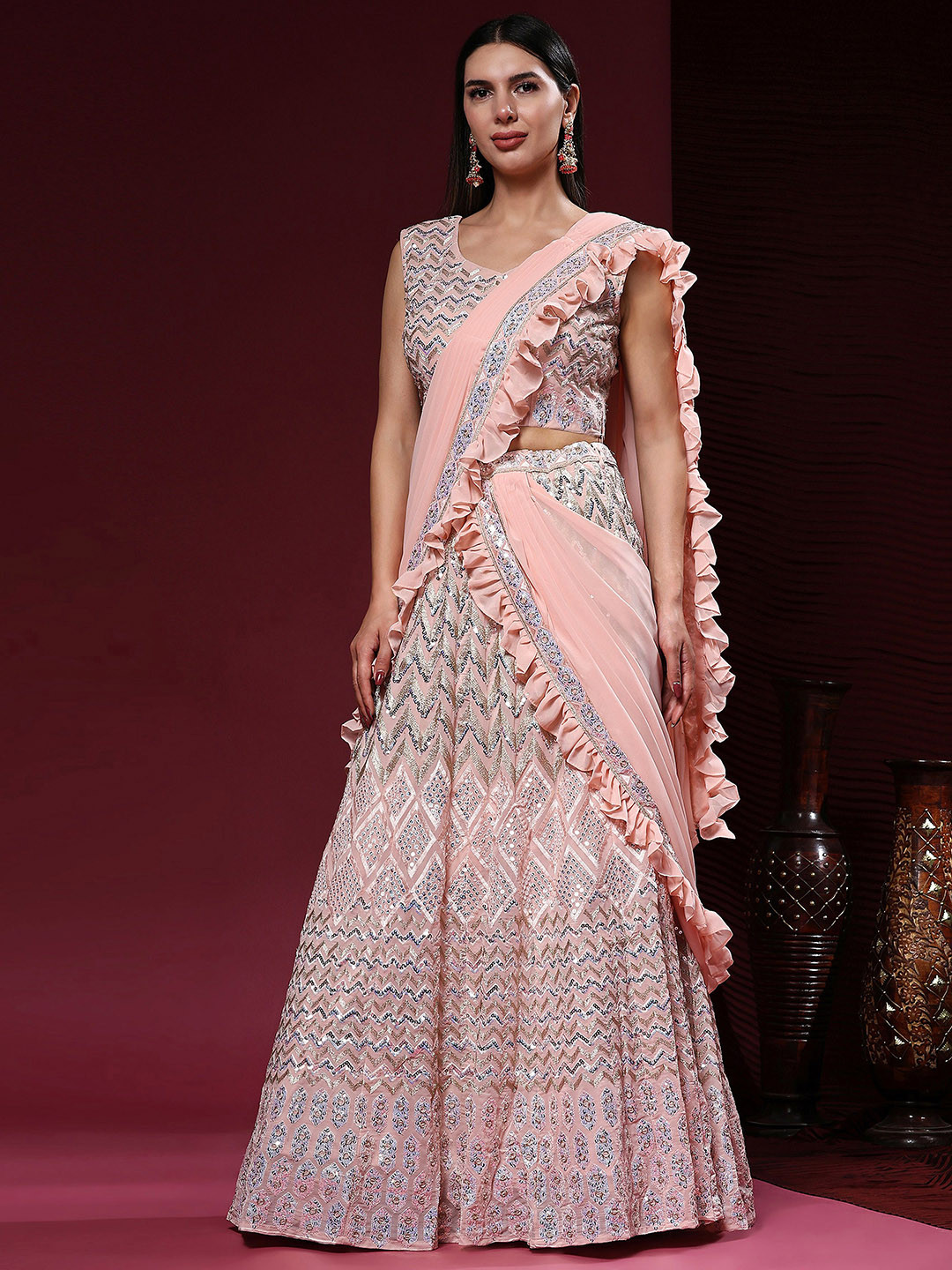 

Phenav Embroidered Ready to Wear Lehenga & Blouse, Peach