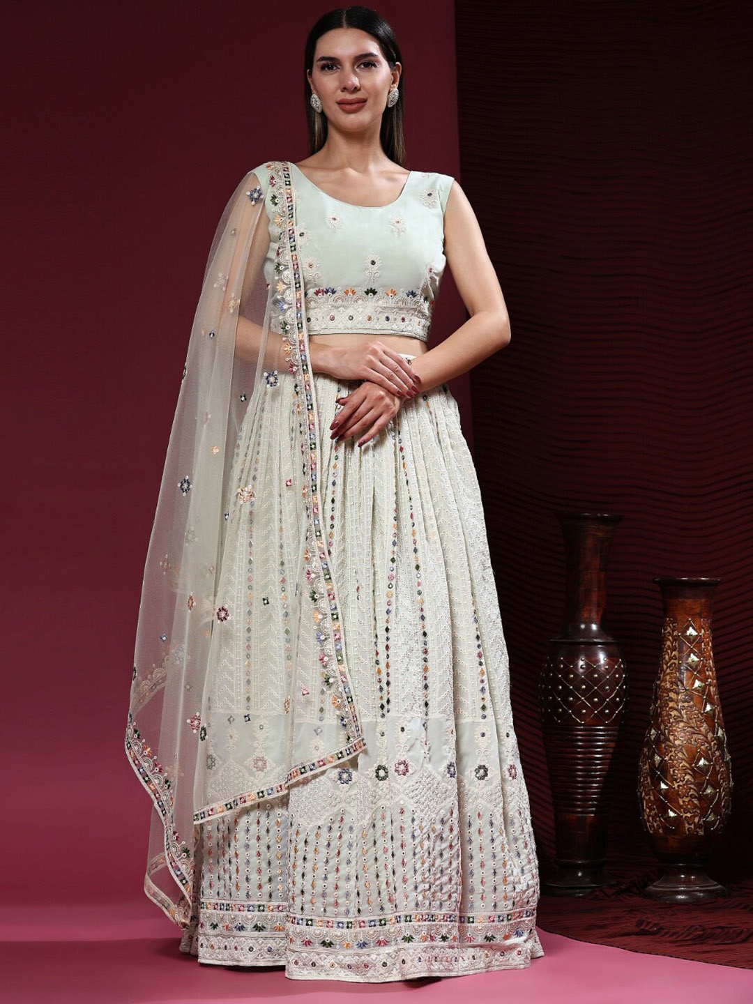 

Phenav Embroidered Ready to Wear Lehenga & Blouse With Dupatta, Sea green