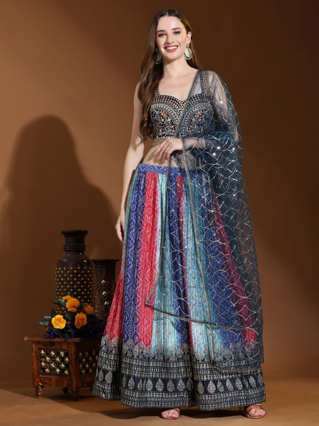 

Phenav Embroidered Sequinned Ready to Wear Lehenga & Blouse, Blue