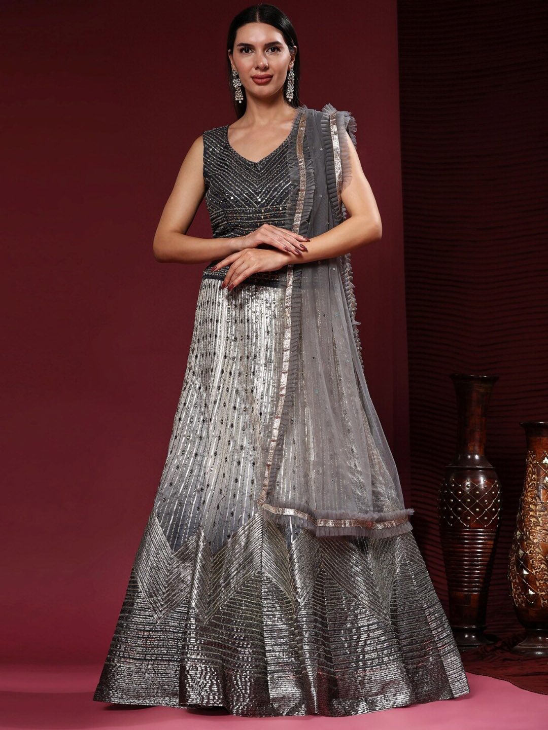 

Phenav Embroidered Sequinned Ready to Wear Lehenga & Blouse With Dupatta, Grey