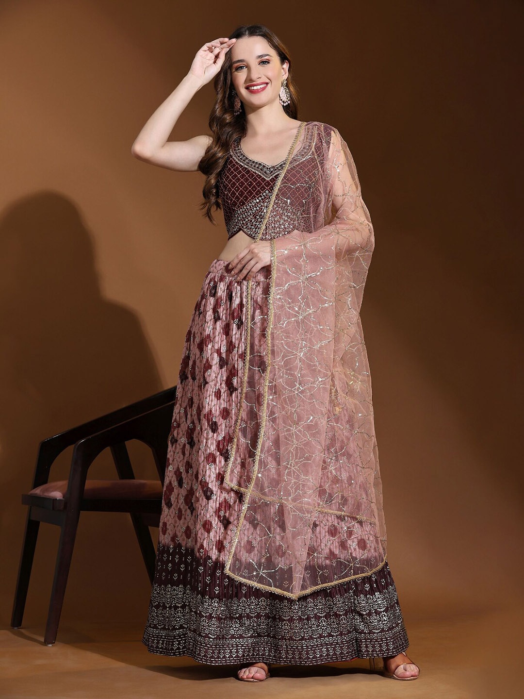 

Phenav Embroidered Ready to Wear Lehenga & Blouse, Maroon