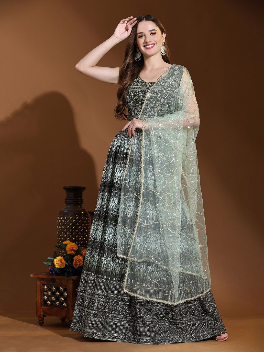 

Phenav Embroidered Sequinned Ready to Wear Lehenga & Blouse, Olive