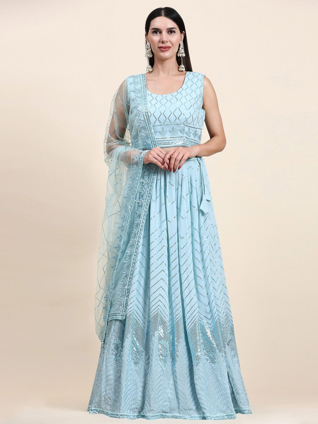 

Phenav Printed Ready to Wear Lehenga & Blouse, Turquoise blue