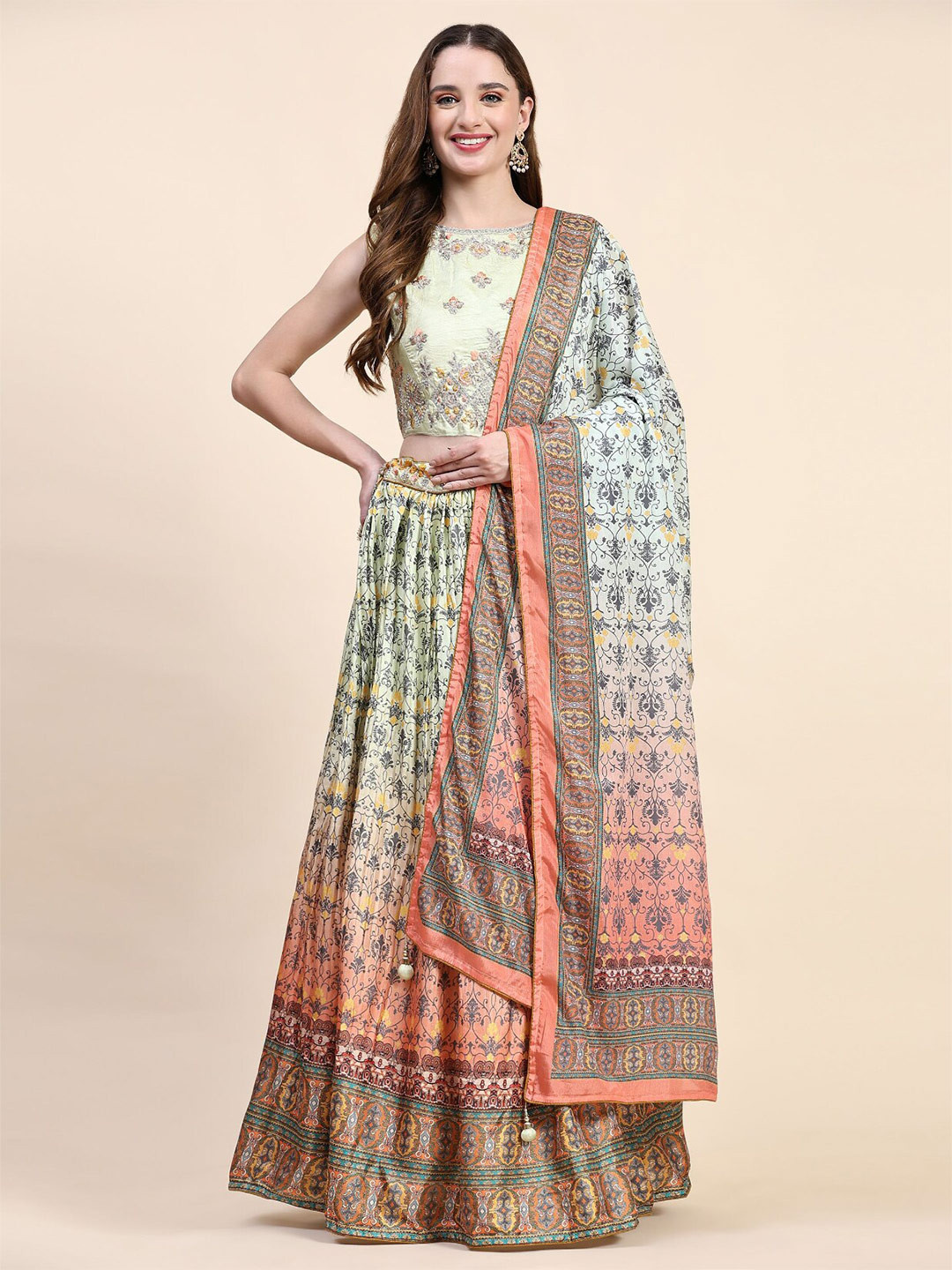 

Phenav Ethnic Motifs Printed Ready to Wear Lehenga & Blouse, Sea green