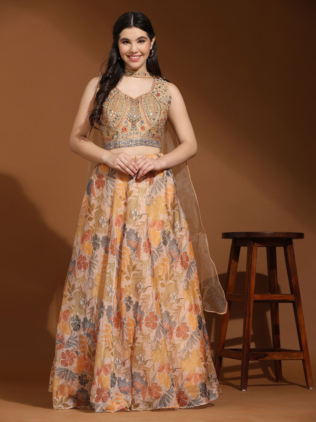 

Phenav Floral Printed Sequinned Ready to Wear Lehenga & Blouse, Peach
