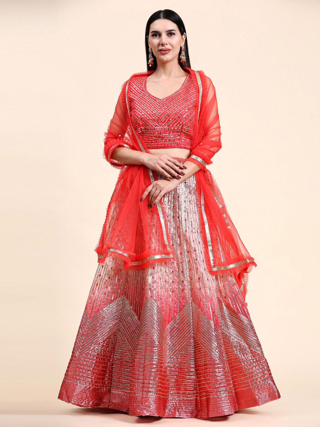 

Phenav Embroidered Sequinned Ready to Wear Lehenga & Blouse, Red