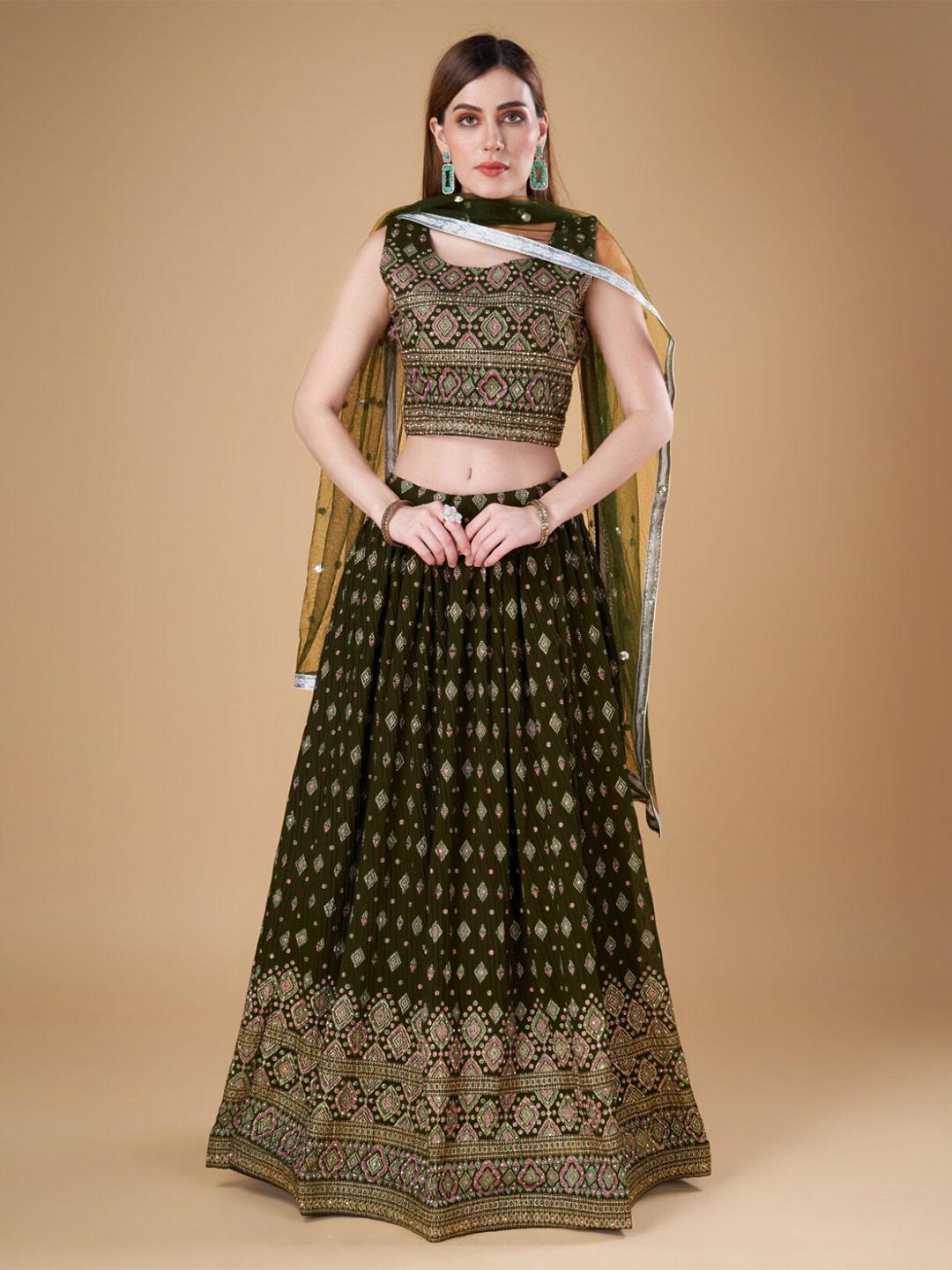 

Phenav Embroidered Ready to Wear Lehenga & Blouse, Olive