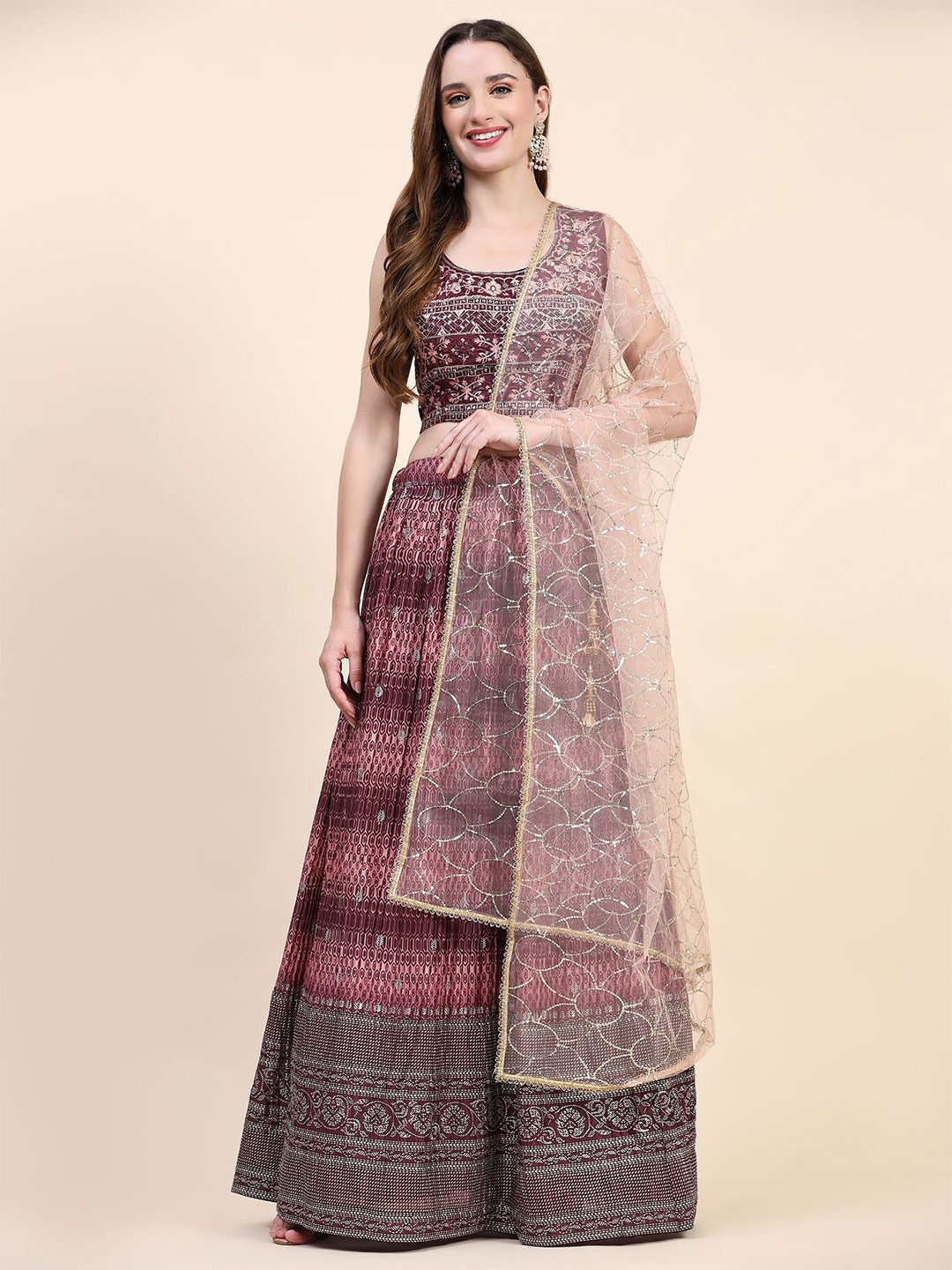 

Phenav Embroidered Sequinned Ready to Wear Lehenga & Blouse With Dupatta, Purple