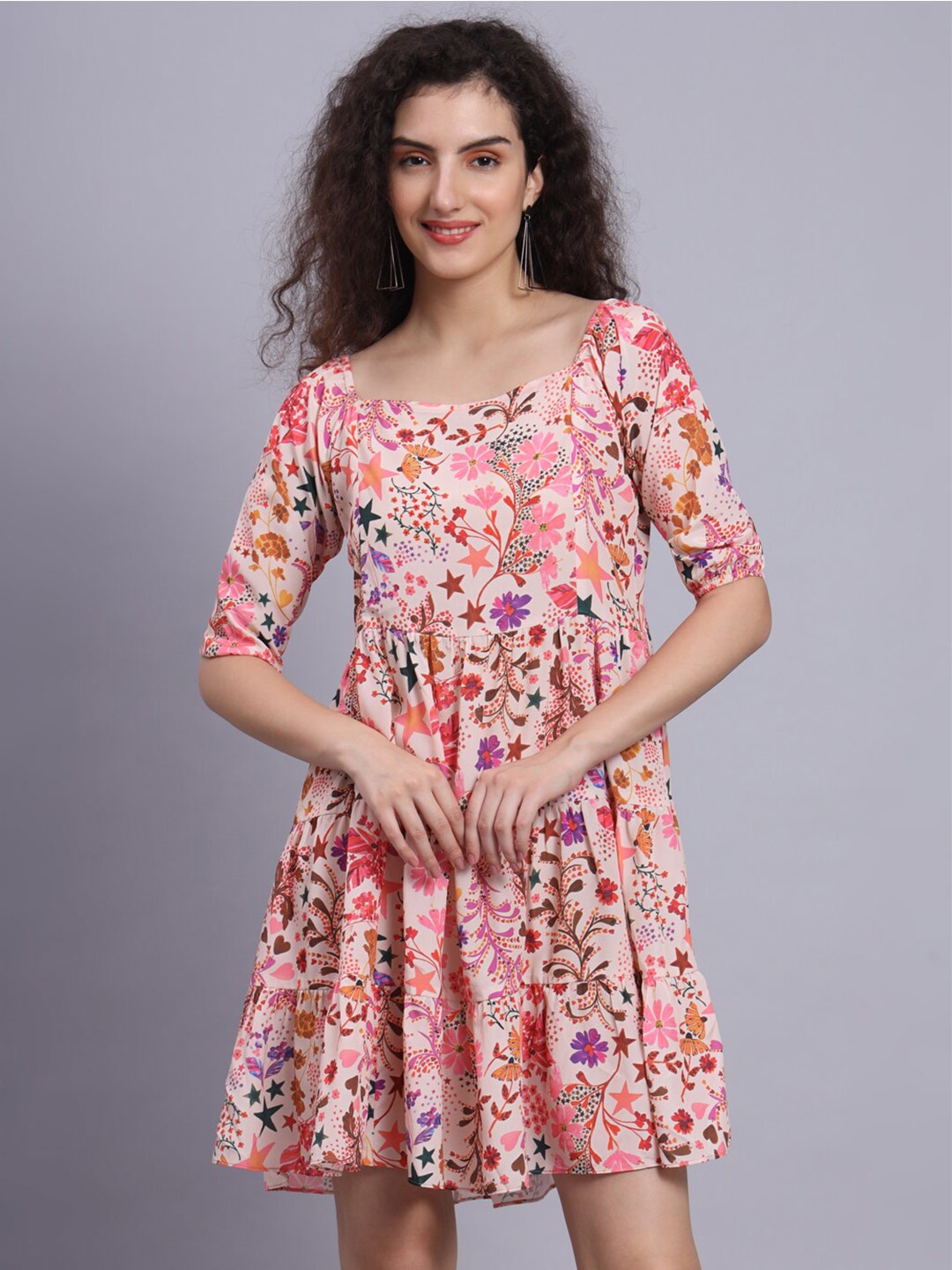 

FABDYOR Floral Printed Fit & Flare Dress, Peach