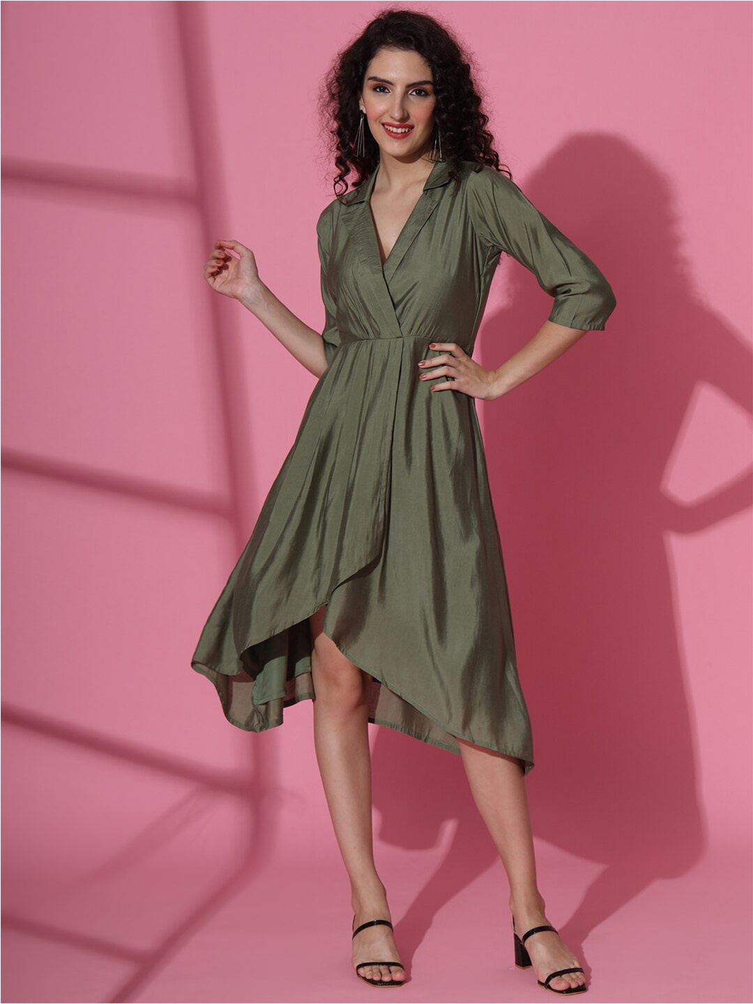 

FABDYOR V-Neck Chanderi Silk Wrap Dress, Olive