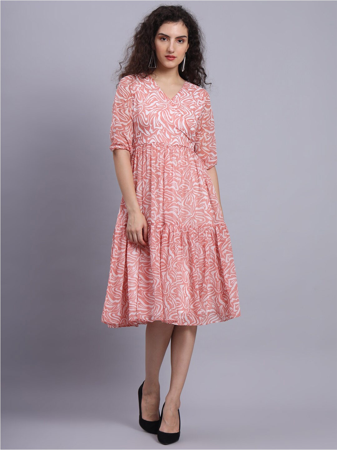 

FABDYOR Abstract Printed V-Neck Georgette Fit & Flare Dress, Pink