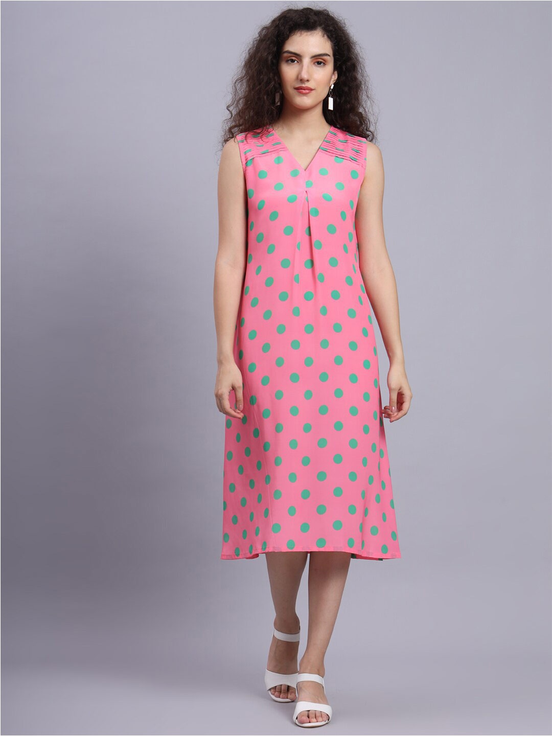 

FABDYOR Polka Dots Printed V-Neck A-Line Dress, Pink