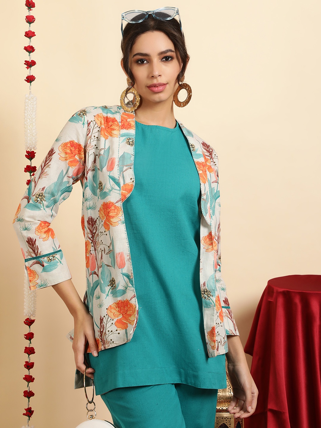 

Jaipur Kurti Kurta And Palazzo With Shrug Co-ord Set, Turquoise blue