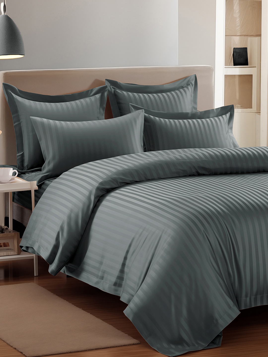 

Story@home Charcoal 4 Pieces Striped Microfiber Double Queen Bedding Set