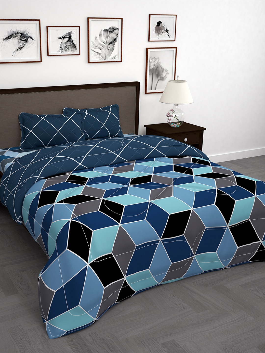 

Story@home Navy Blue 4 Pieces Geometric Microfiber Double Queen Bedding Set