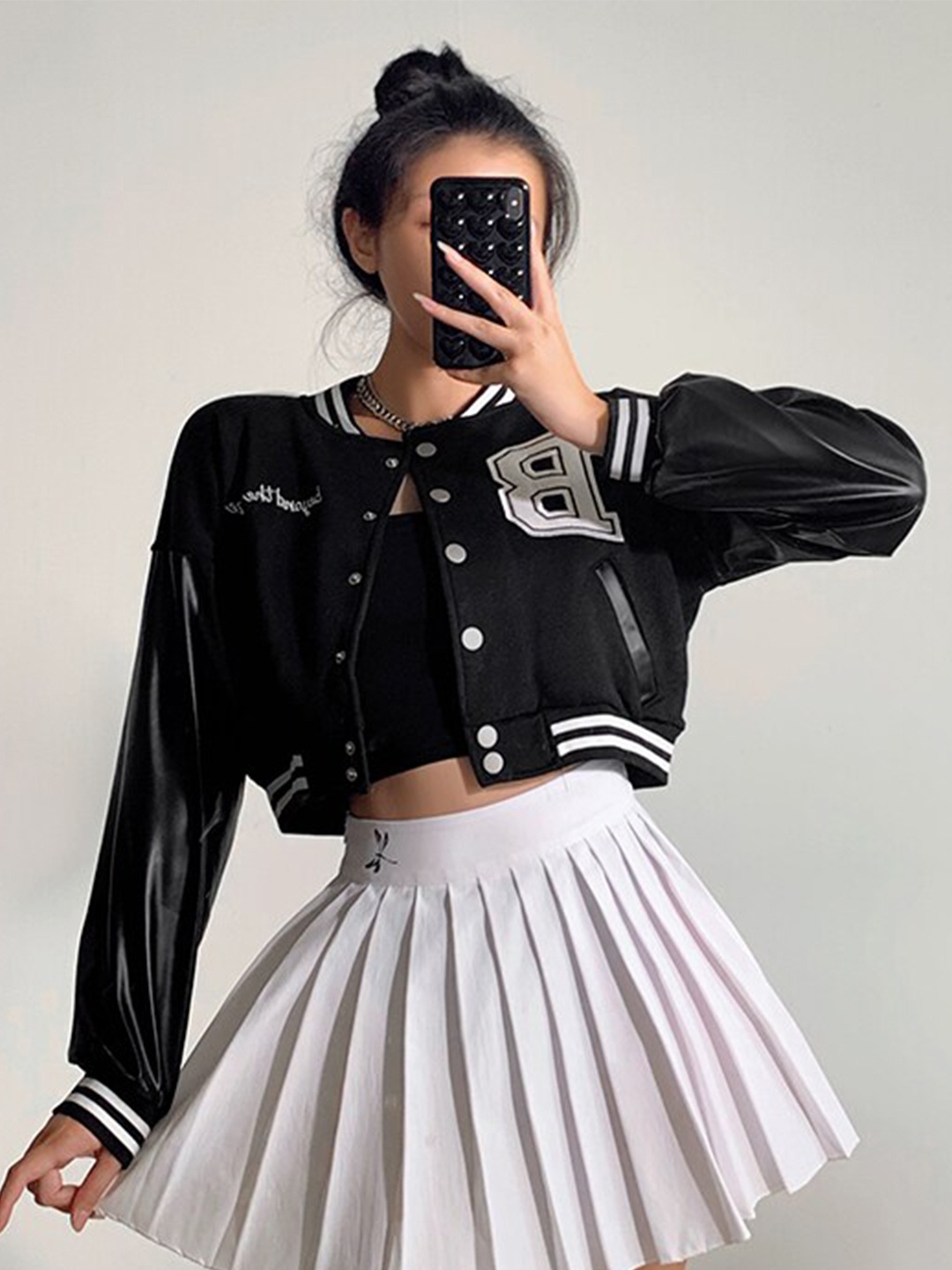 

StyleCast Black Typography Printed Crop Varsity Jacket