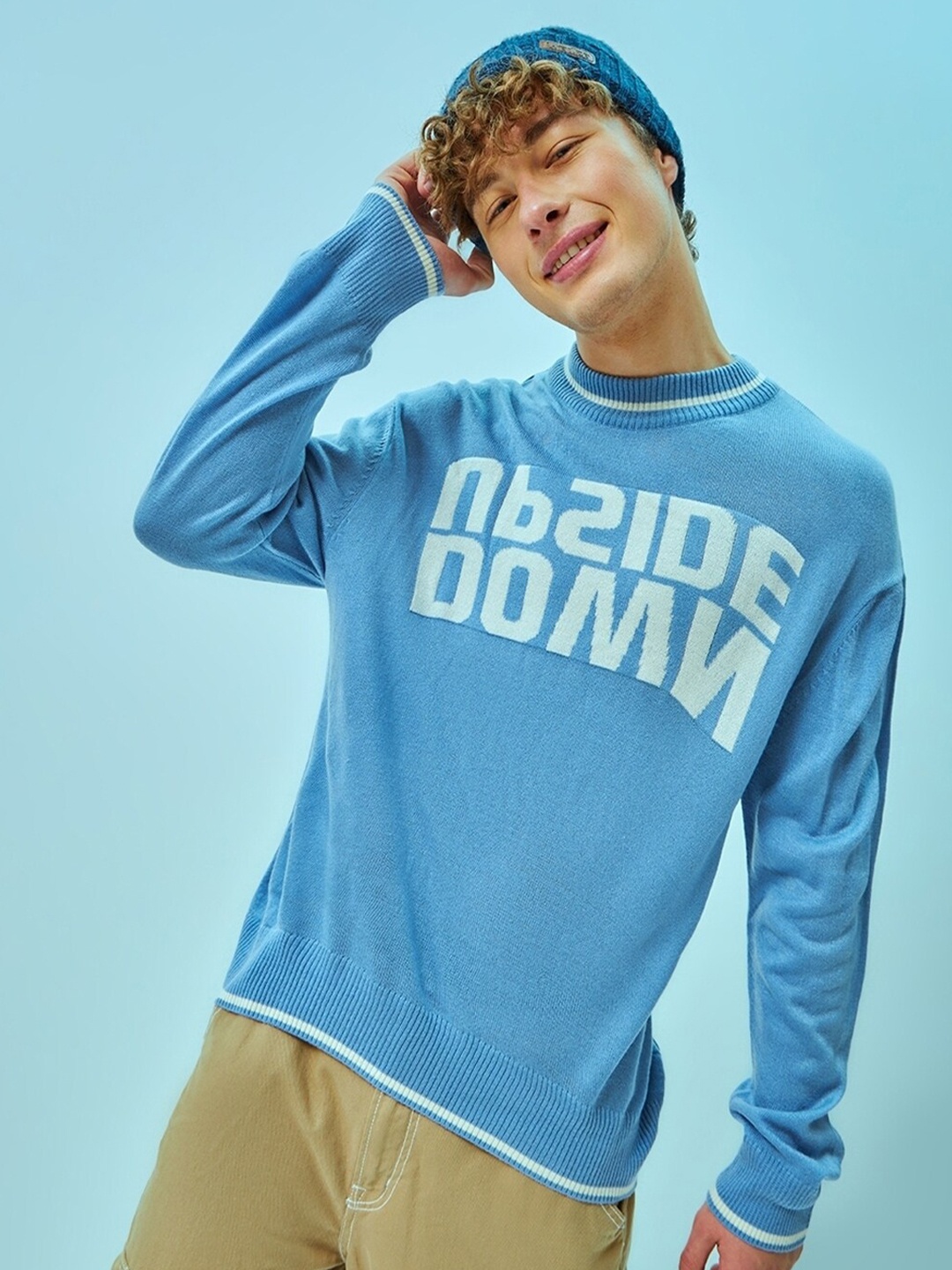 

Bewakoof Upside Down Typography Flatknit Sweater, Blue