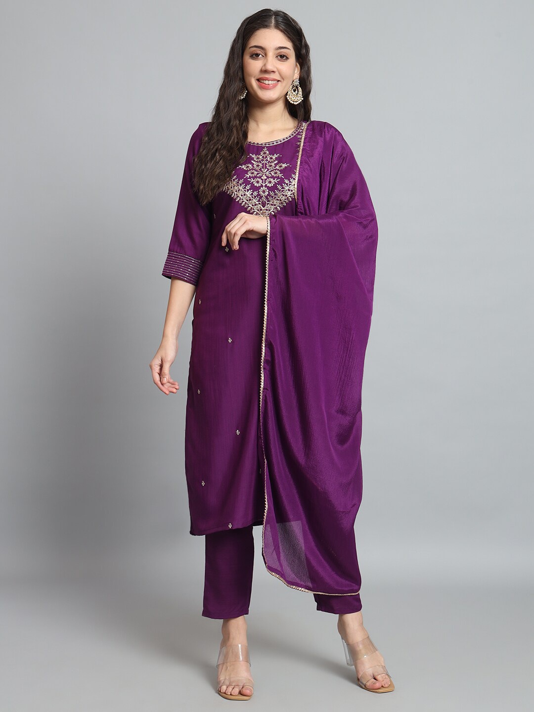 

J.KANJI Ethnic Motifs Embroidered Regular Zardozi Kurta with Trousers & Dupatta, Purple