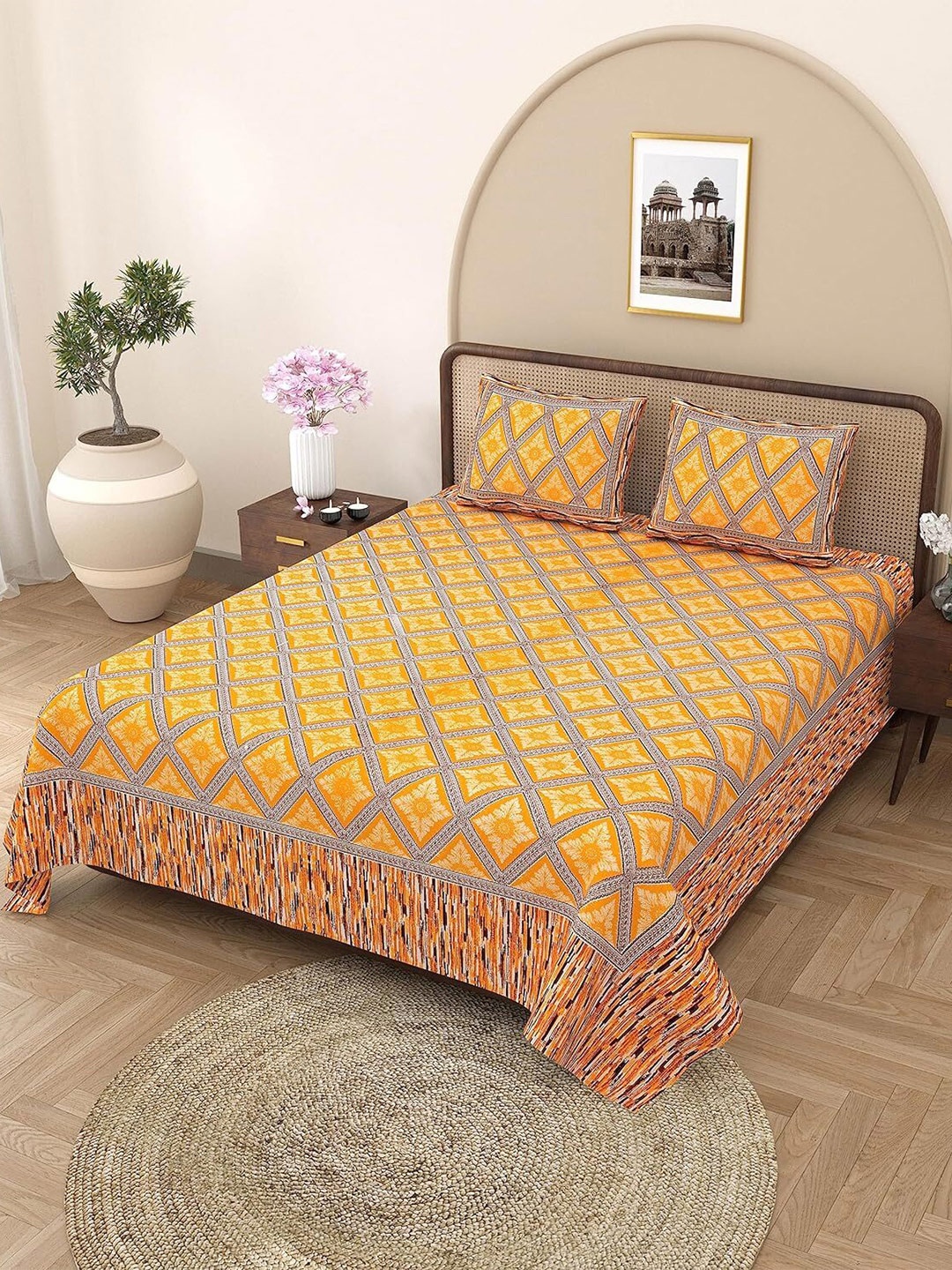

Rajasthanikart Yellow & Grey Printed Cotton 144 TC King Bedsheet With 2 Pillow Covers