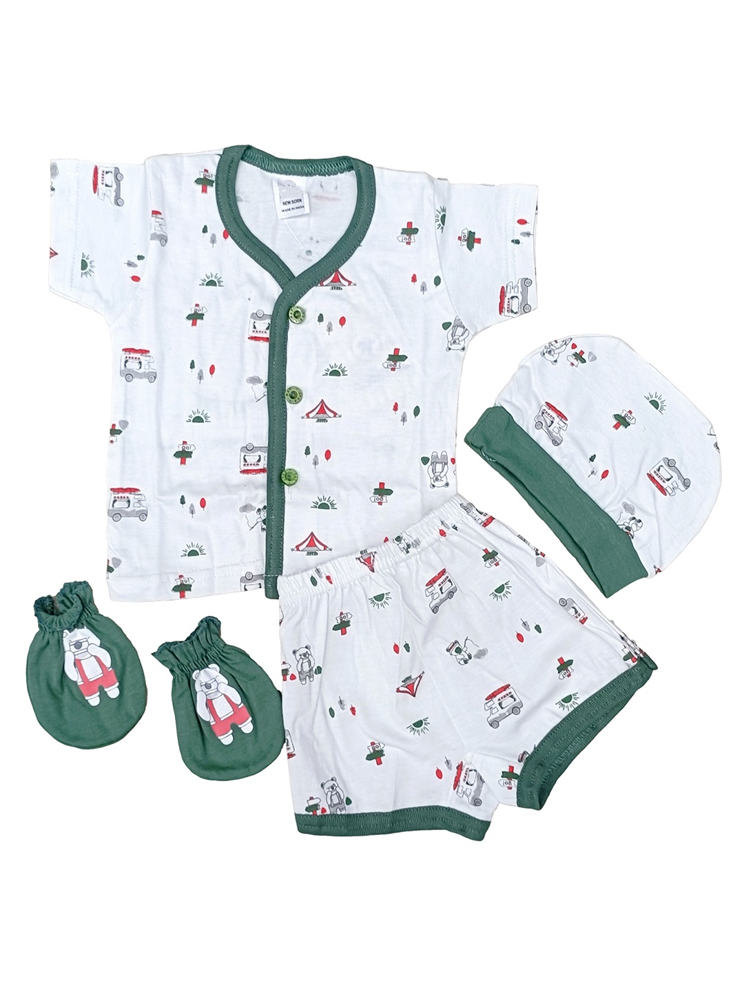 

BAESD Kids Printed Pure Cotton Shirt With Shorts Caps & Mitten, Green