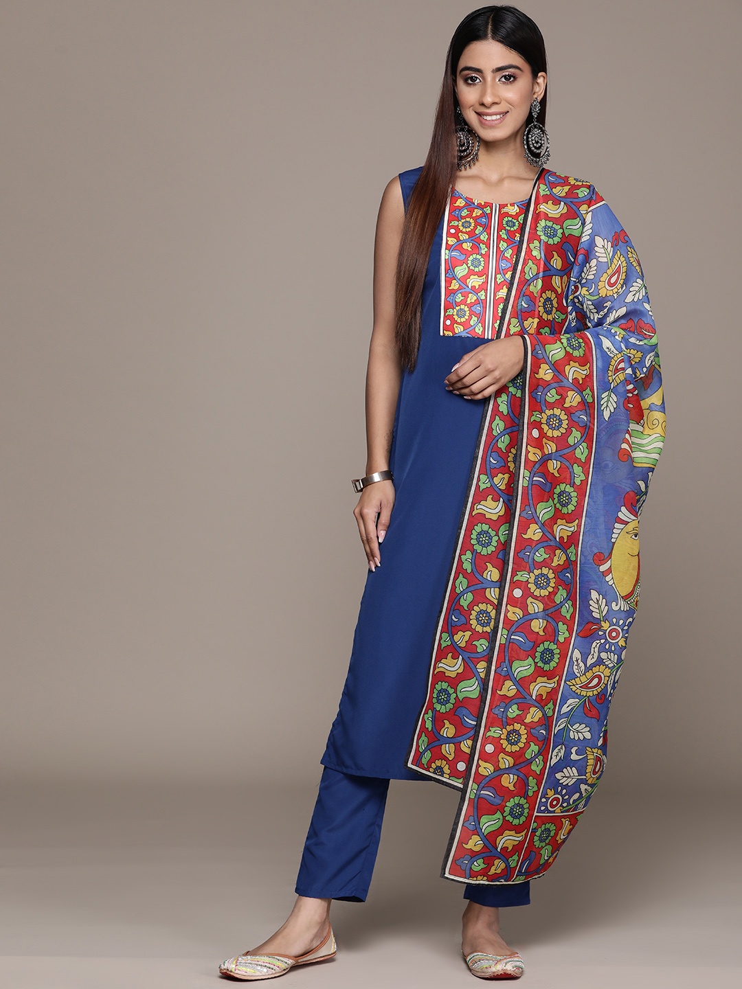 

ZIYAA Women Floral Yoke Design Regular Kurta with Trousers & With Dupatta, Navy blue