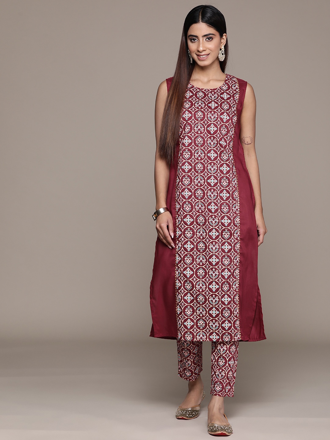 

ZIYAA Women Ethnic Motifs Printed Straight Gotta Patti Kurta with Trousers, Red