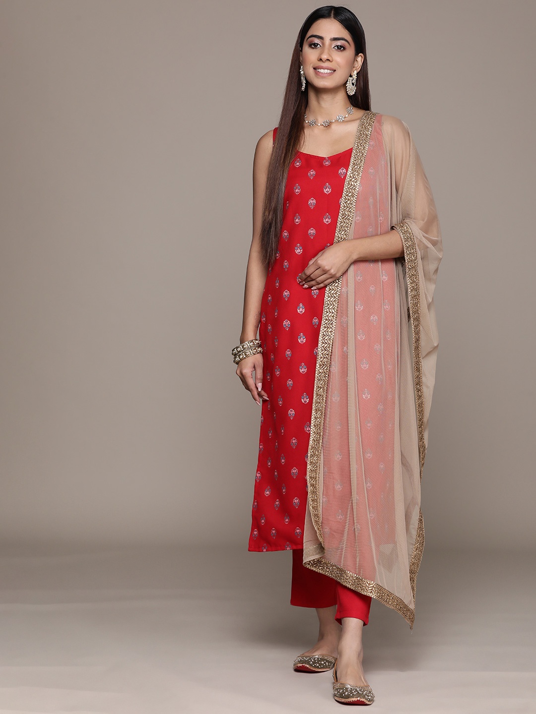 

ZIYAA Women Ethnic Motifs Printed Straight Kurta with Trousers & With Dupatta, Red