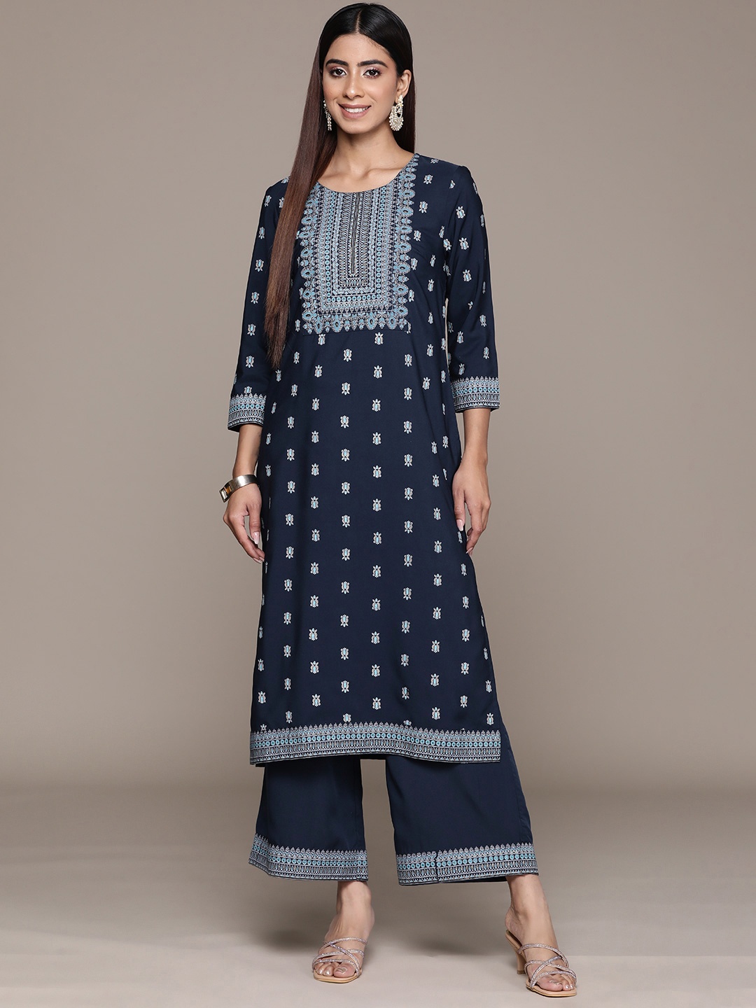 

ZIYAA Women Ethnic Motifs Printed Regular Kurta with Palazzos, Navy blue