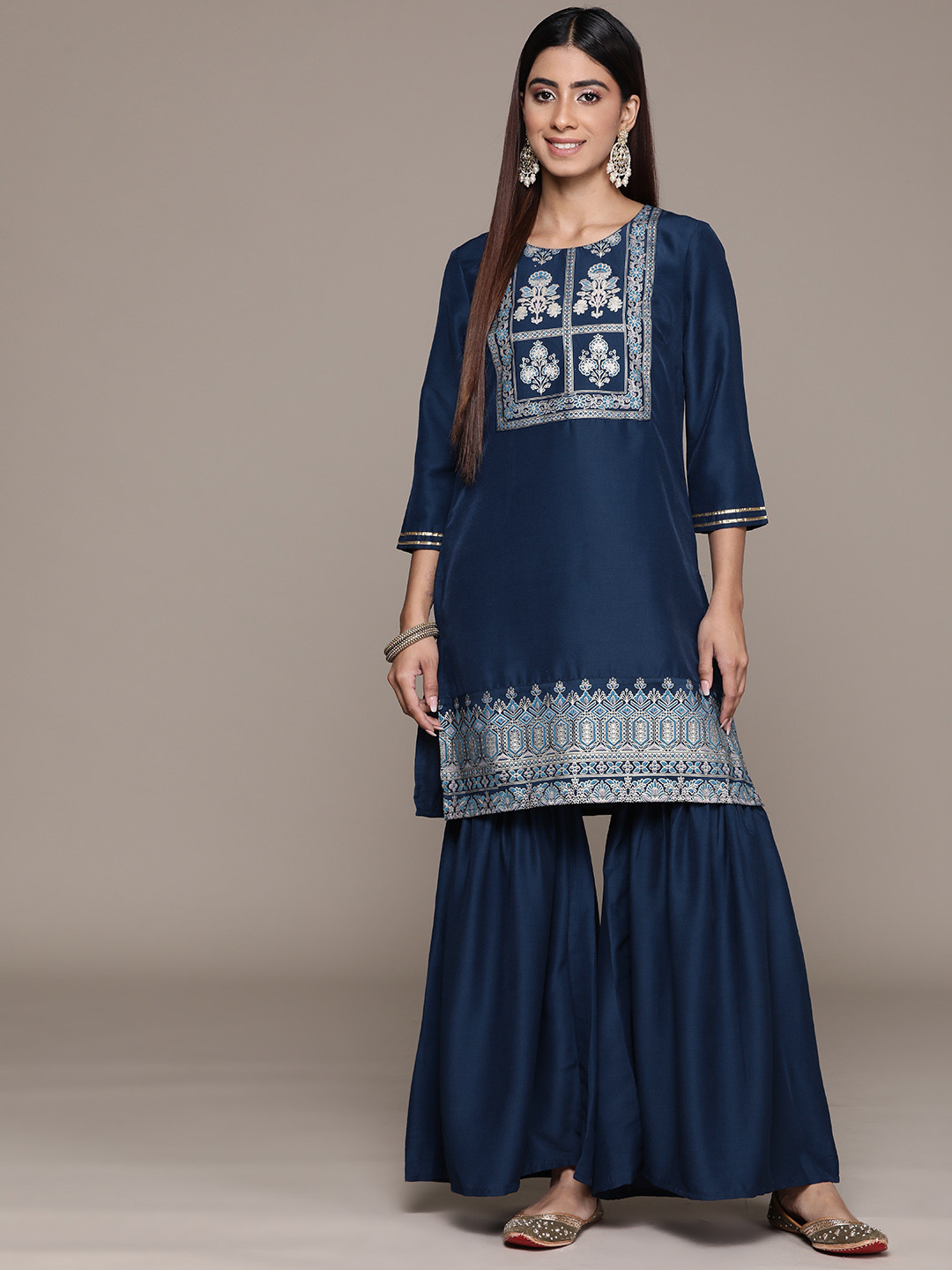 

ZIYAA Women Floral Yoke Design Regular Kurta with Sharara, Navy blue
