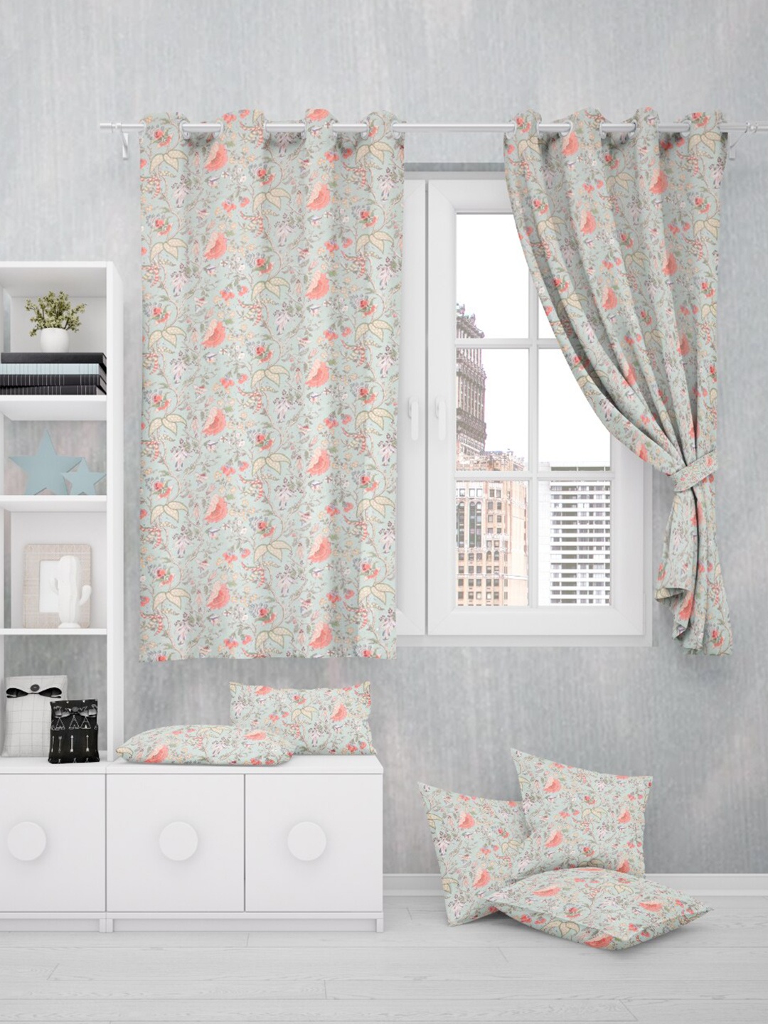

EasyGoods Green & Beige 2 Pieces Floral Cotton Black Out Window Curtains