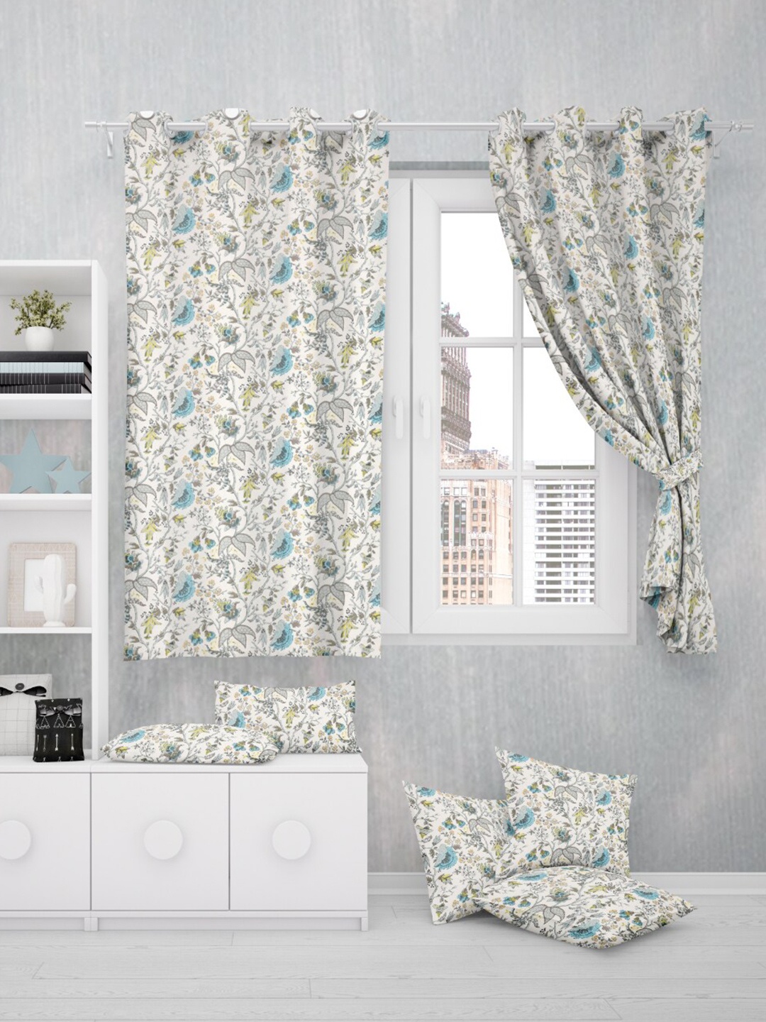 

EasyGoods Blue & White Floral Printed Black Out Cotton Window Curtain