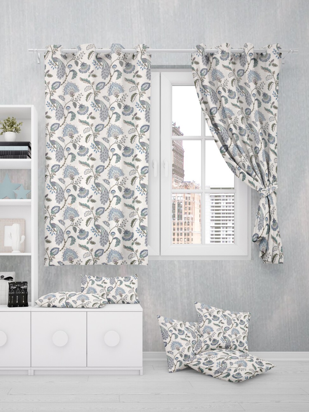 

EasyGoods Beige & Blue 2 Pieces Floral Cotton Black Out Window Curtain