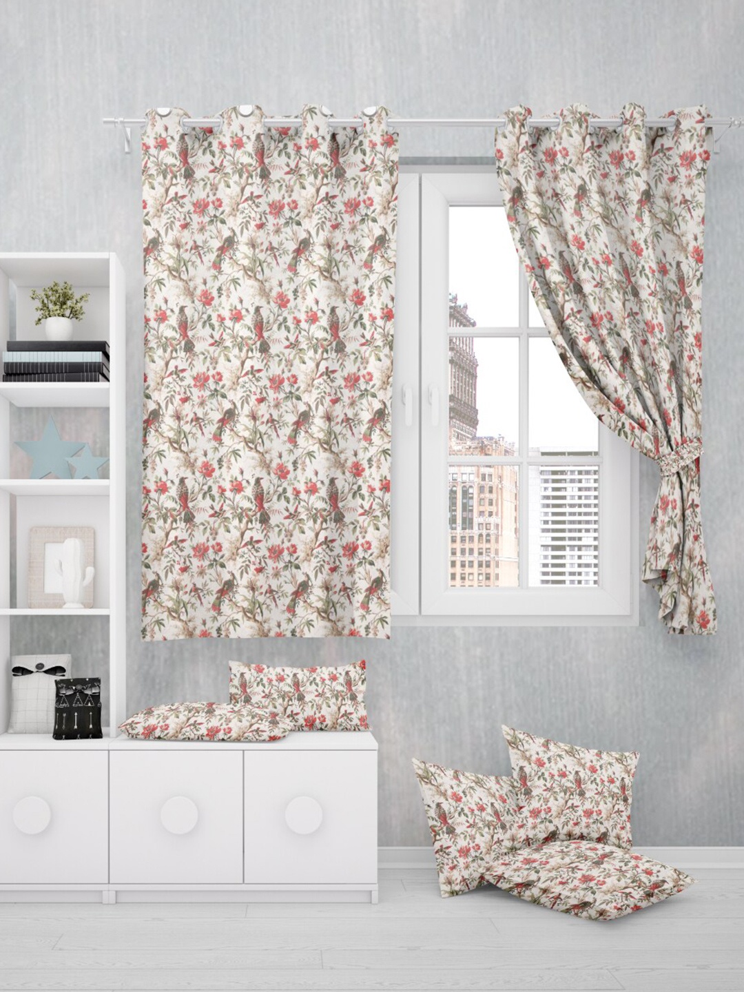 

EasyGoods Red & White 2 Pcs Floral Black Out Window Curtain