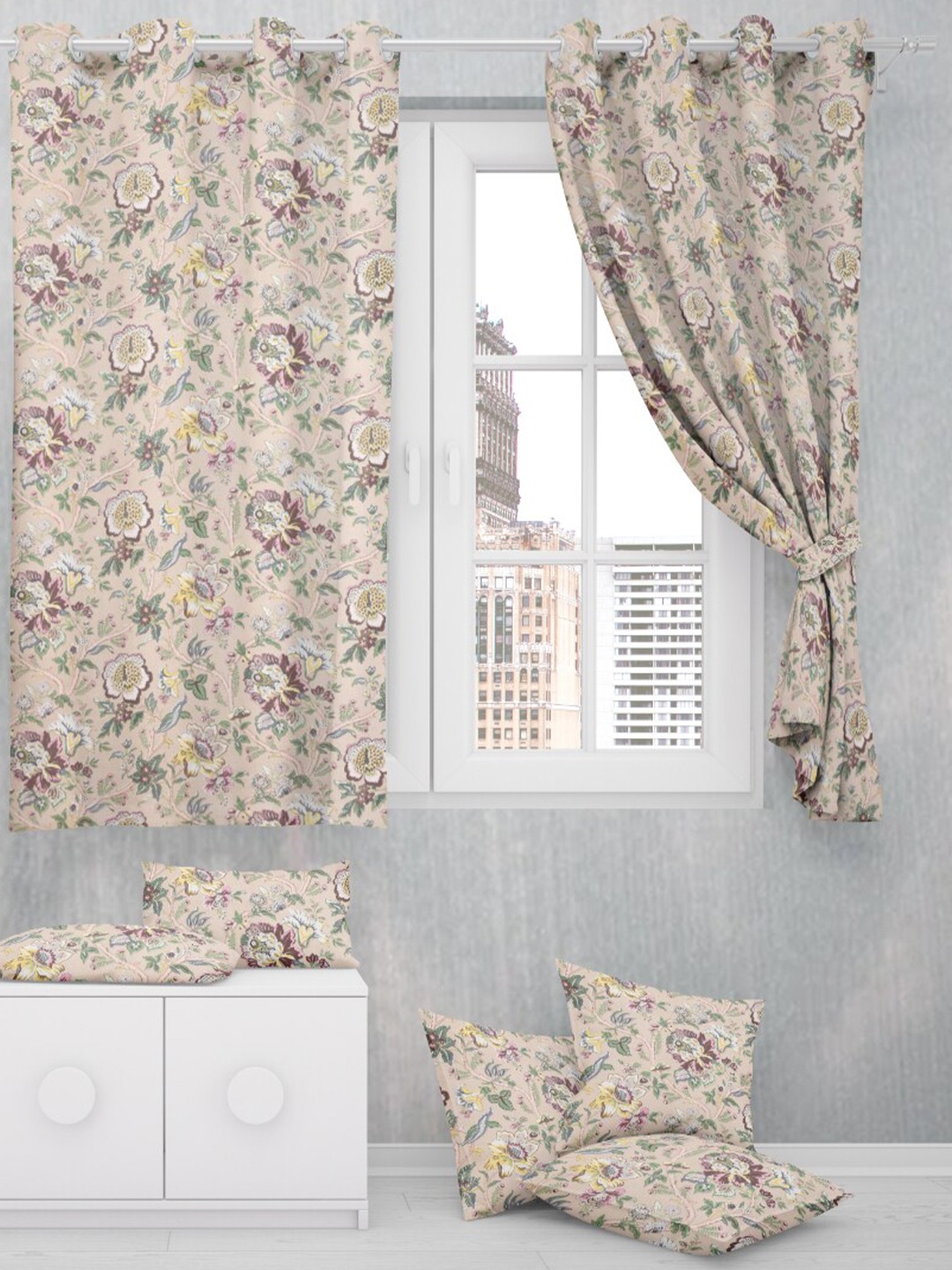 

EasyGoods Beige 2 Pieces Floral Black Out Eyelet Window Curtain, Green