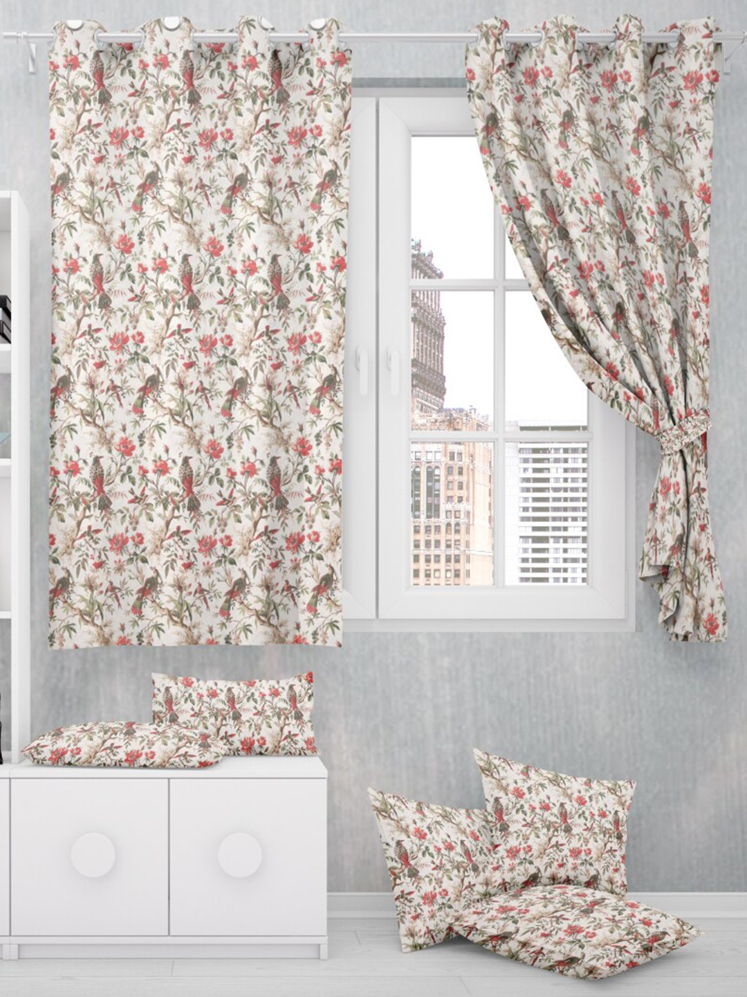 

EasyGoods White & Red Floral Black Out Window Curtain