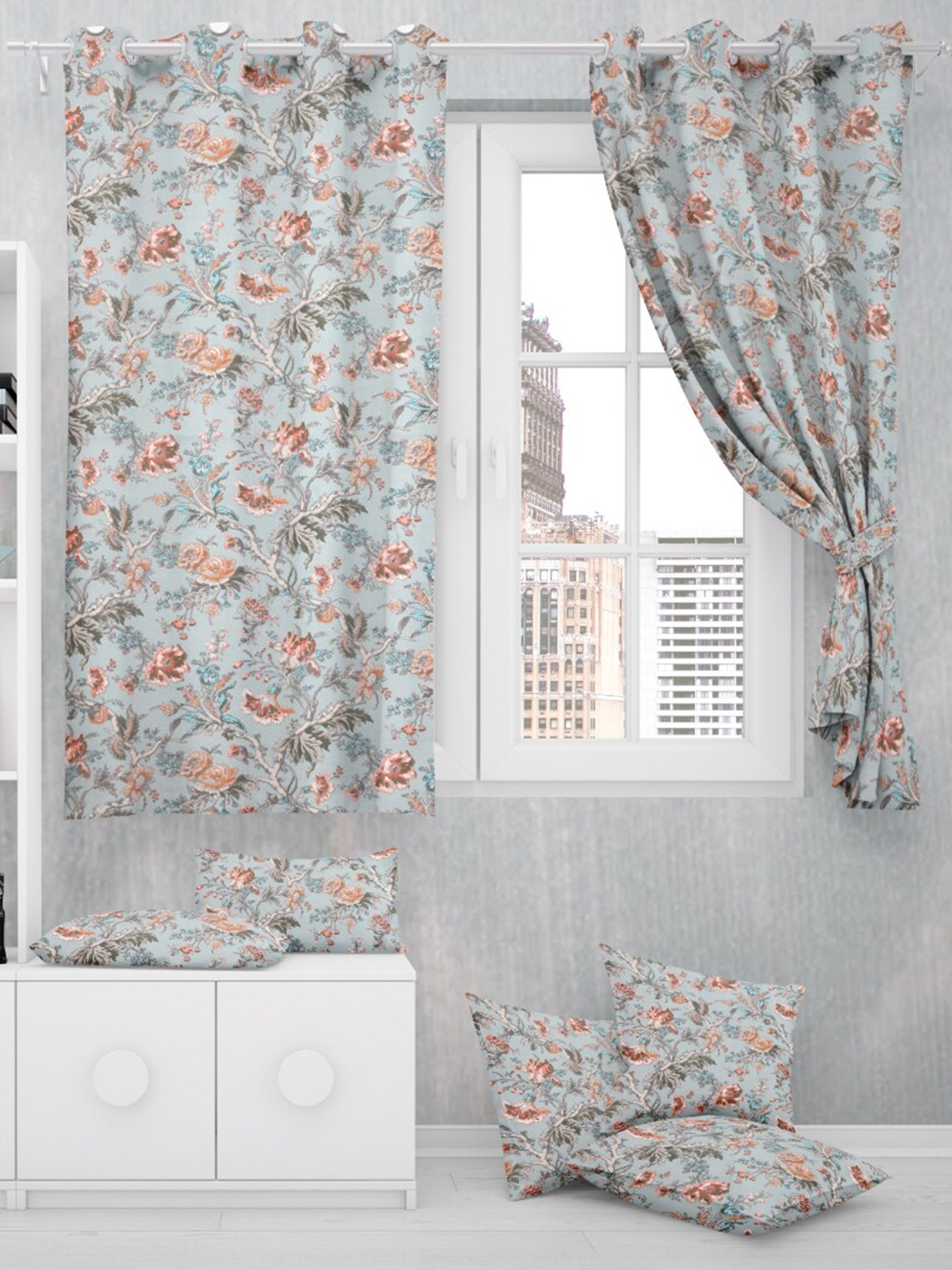 

EasyGoods Anokhi Blue & Beige 2 Pieces Floral Black Out Window Curtains