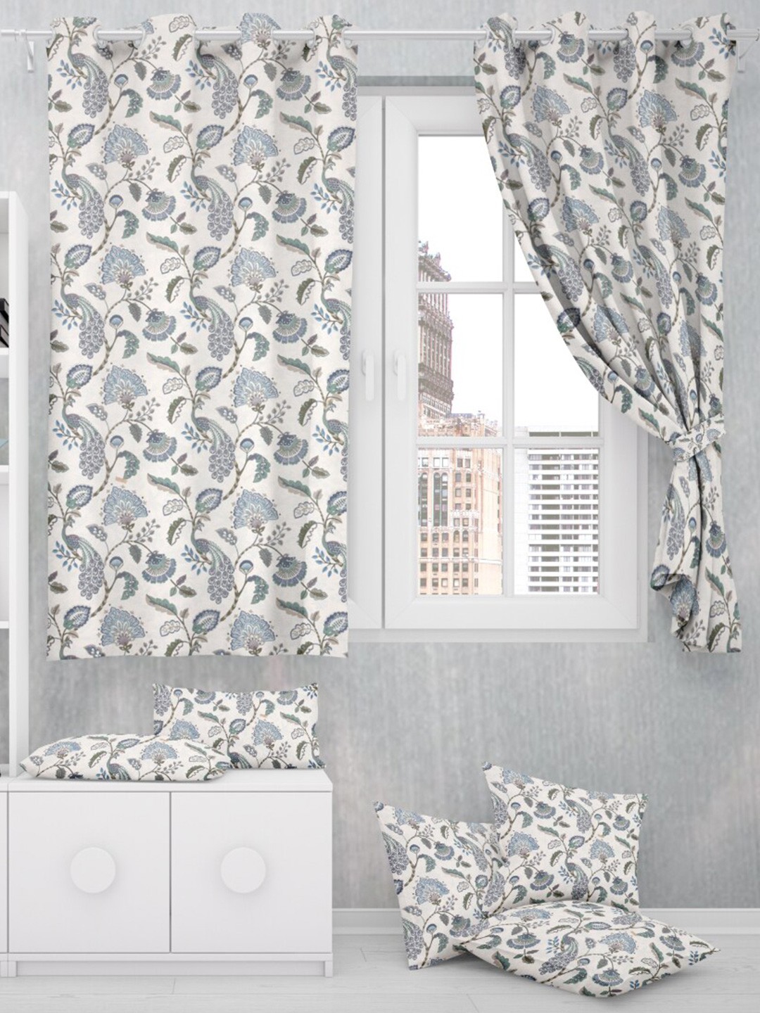 

EasyGoods White & Blue Floral Black Out Window Curtain