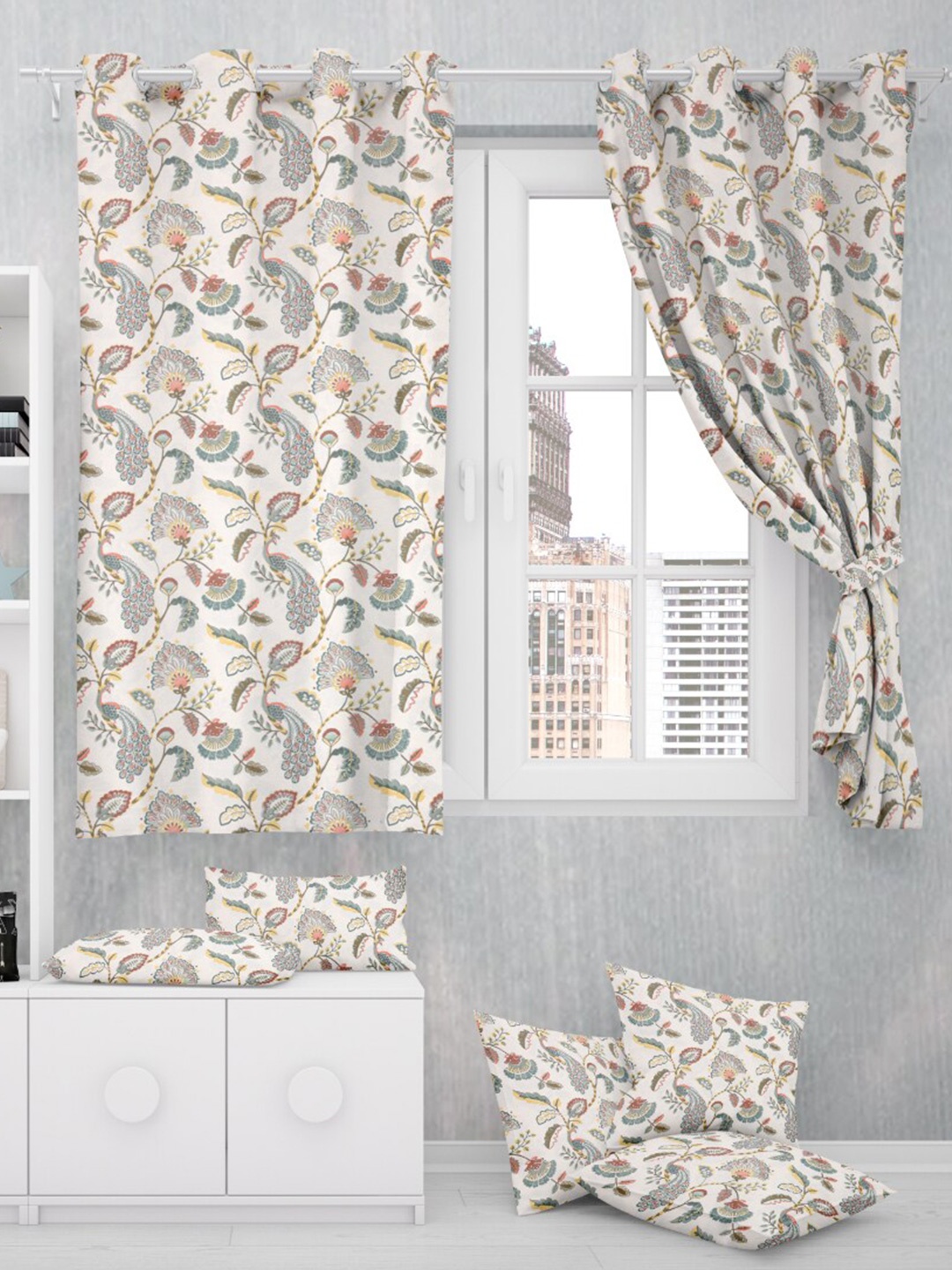 

EasyGoods Anokhi Blue & Beige 2 Pieces Floral Black Out Window Curtains, White