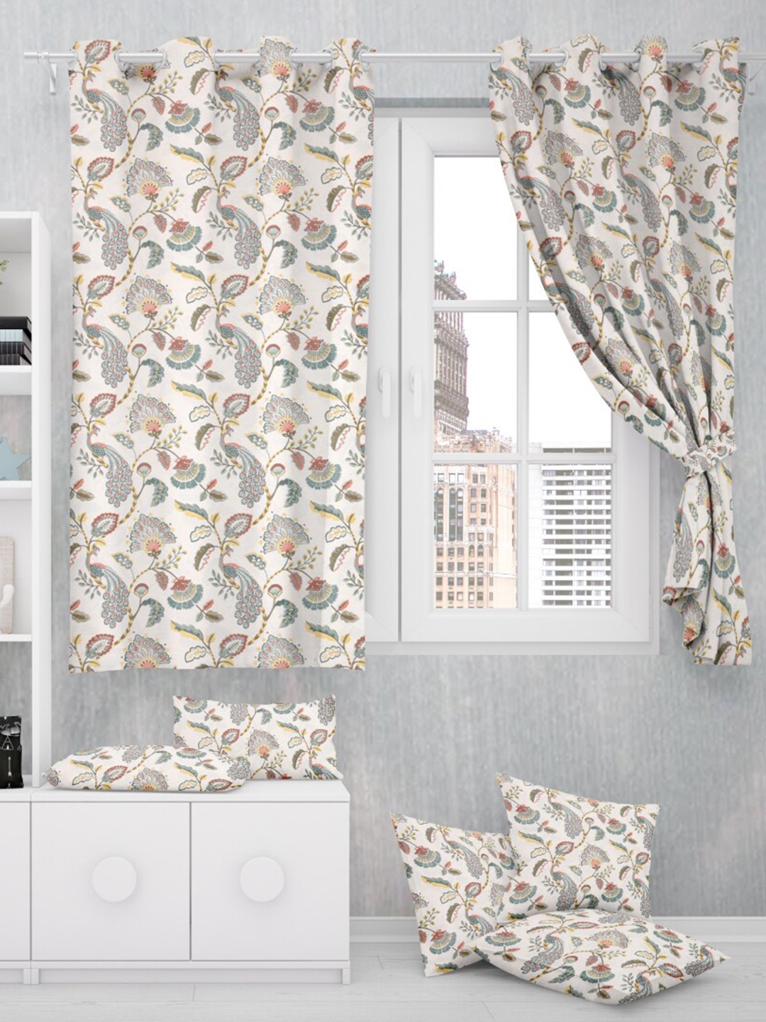 

EasyGoods Anokhi Blue & Beige 2 Pieces Floral Black Out Window Curtains, White