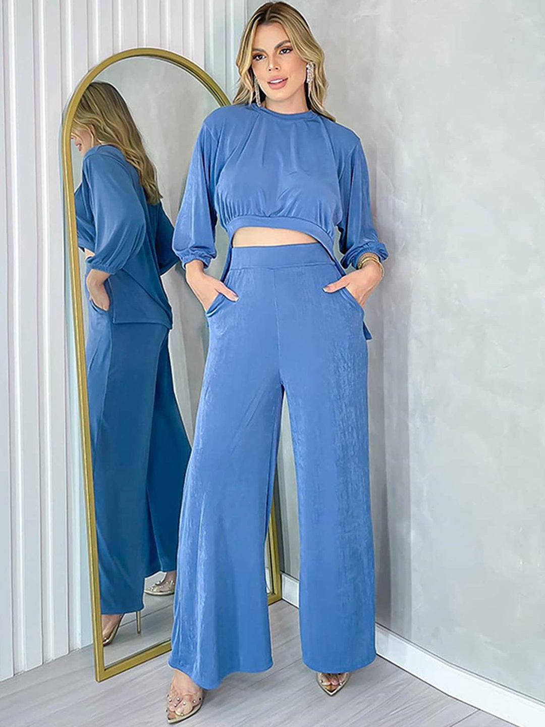 

LULU & SKY Round Neck Long Sleeves Top With Trousers, Blue