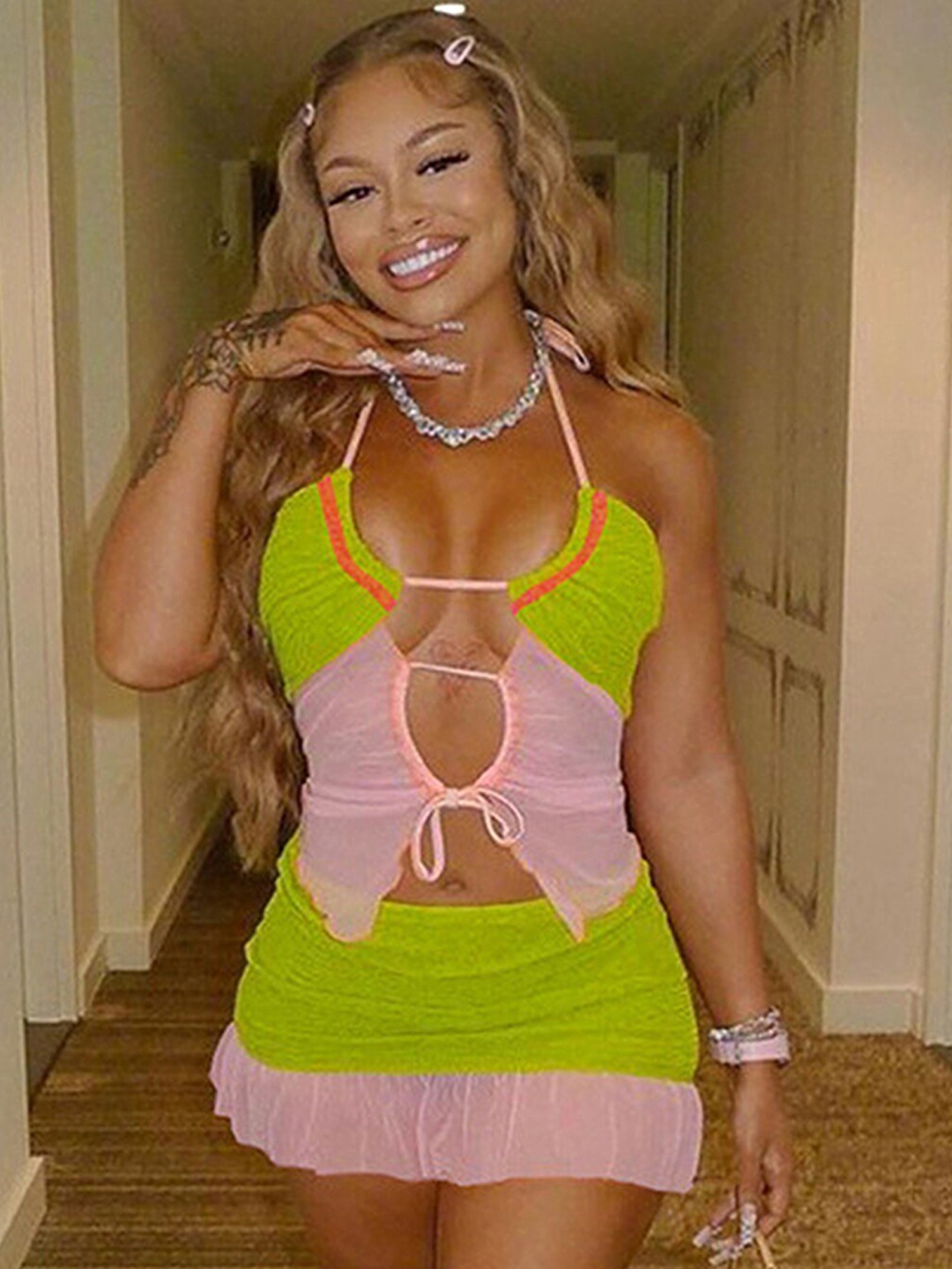 

LULU & SKY Colorblocked Halter-Neck Crop Top With Mini Flared Skirt, Green